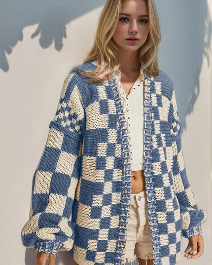 Double Take Full Size Open Front Checkered Drop Shoulder Cardigan Pastel Blue
