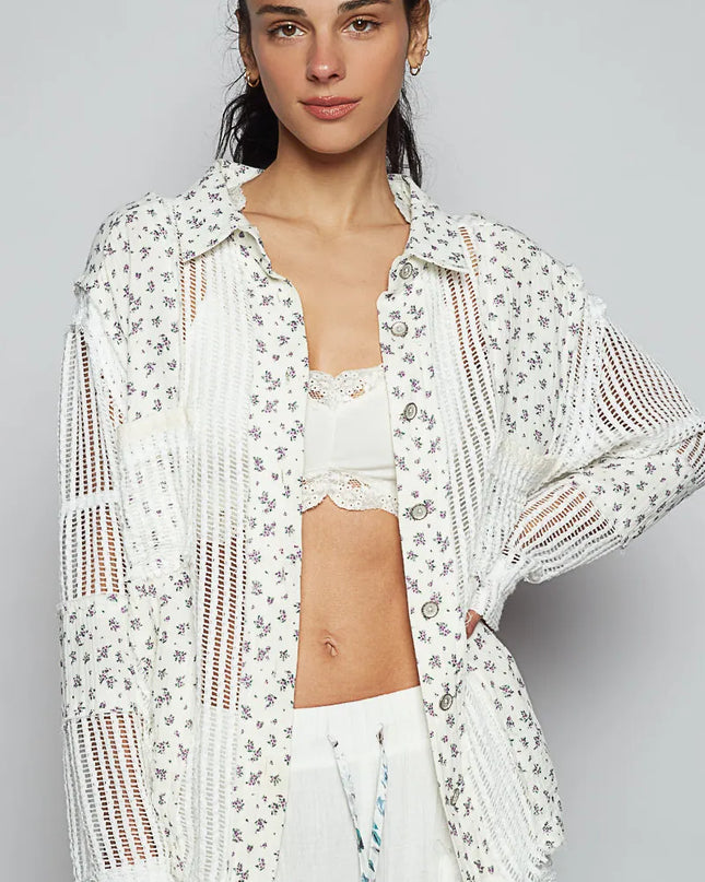 POL Floral Crochet Patchwork Long Sleeve Shirt White