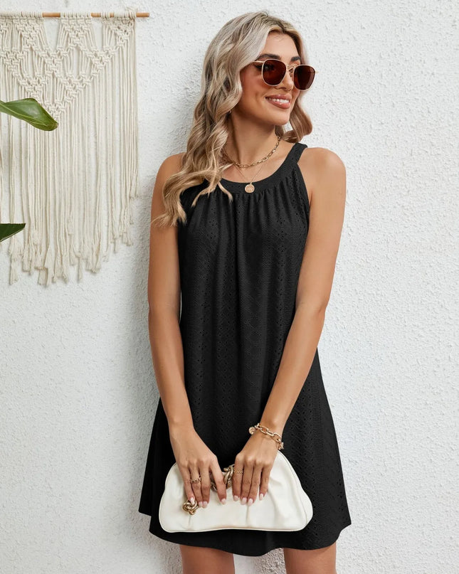 Eyelet Round Neck Sleeveless Dress 