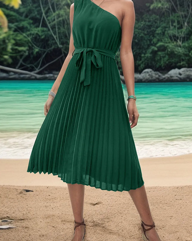 Perfee Pleated Single Shoulder Tie Waist Midi Dress 