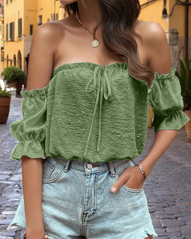 Off-Shoulder Swiss Dot Blouse with Tie Front Detail