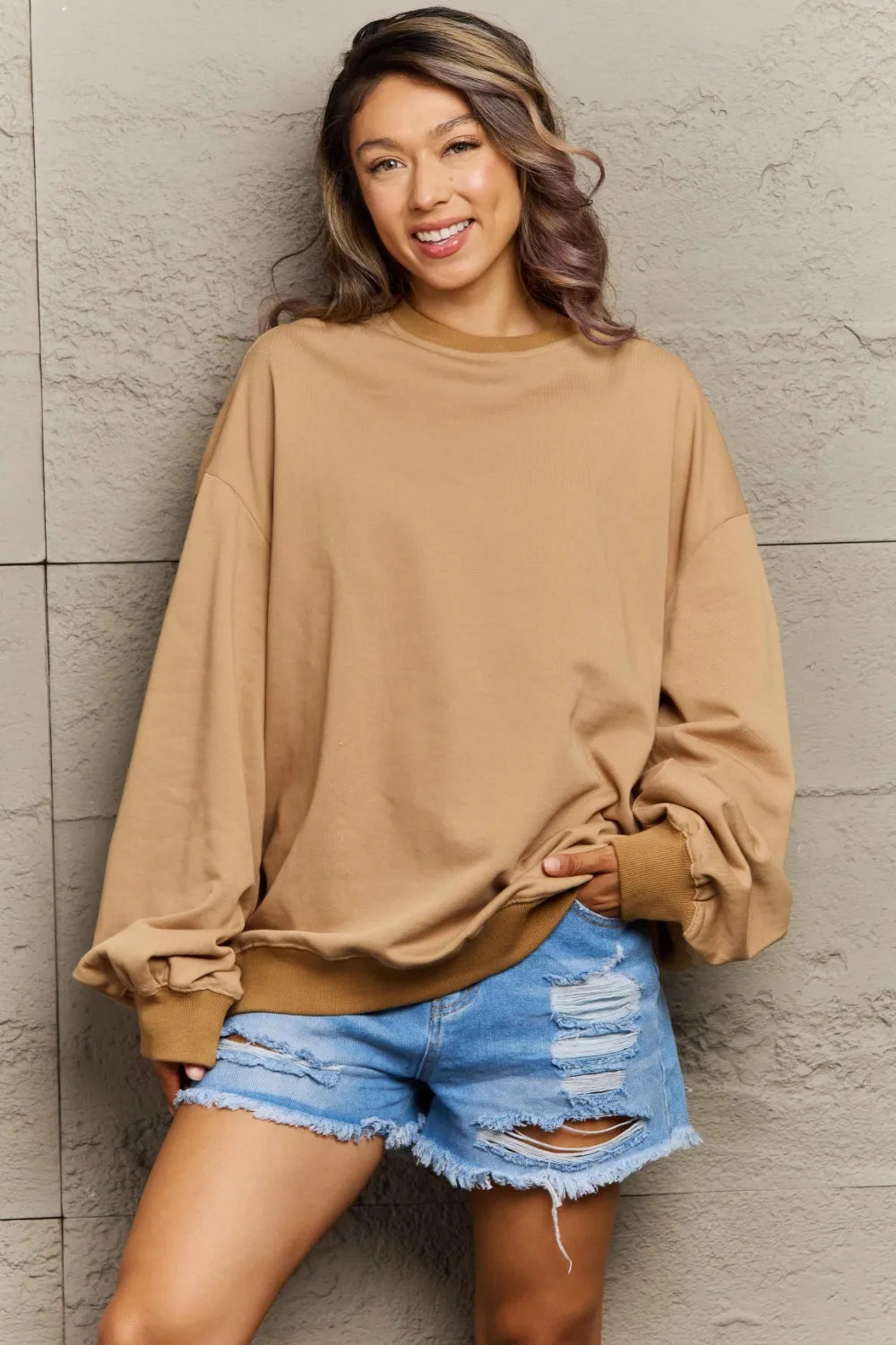Full Size Round Neck Long Sleeve Sweatshirt Camel