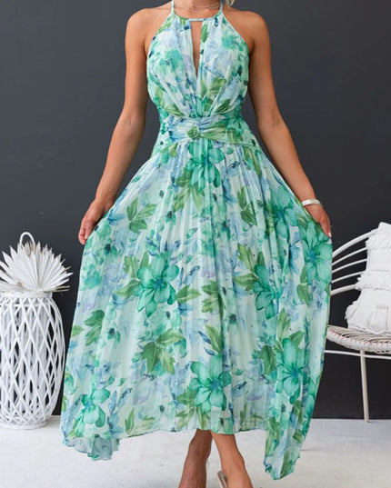 Printed Sleeveless Pleated Dress