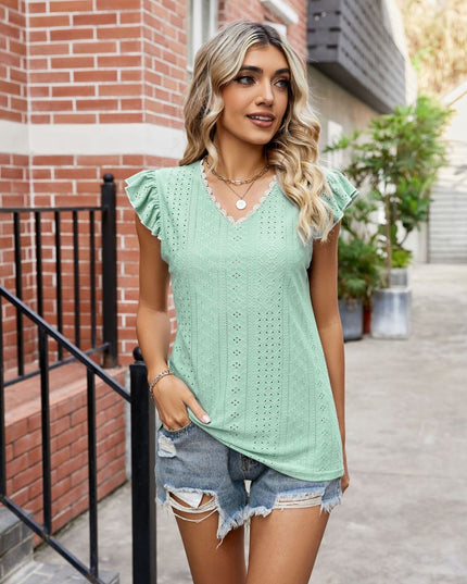 Eyelet Flutter Sleeve Scalloped V-Neck Top