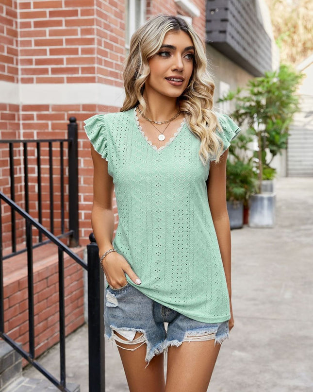Eyelet Flutter Sleeve Scalloped V-Neck Top