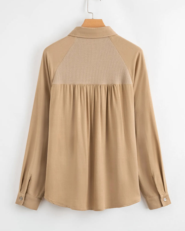 Waffle Patchwork Button Up Frayed Hem Shirt