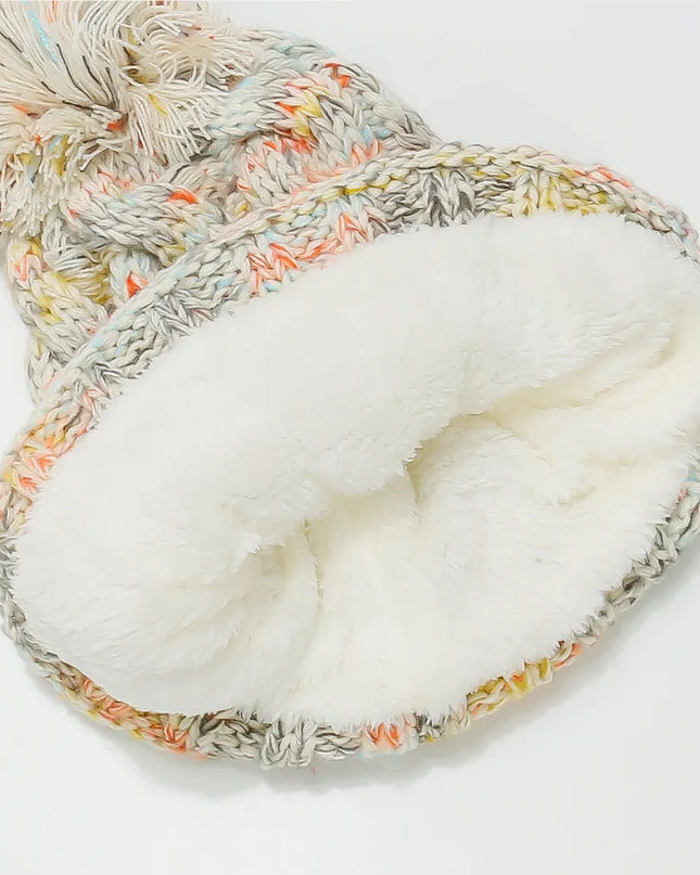 Contrast Cable-Knit Hat with Pompom