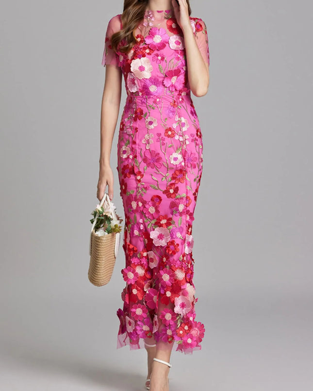 Floral Embroidered Mesh Overlay Maxi Dress Rose Red