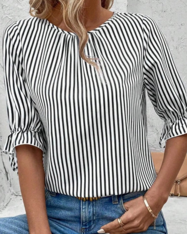 Striped Round Neck Half Sleeve Casual Blouse Black
