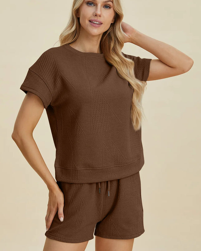 Double Take Full Size Texture Short Sleeve Top and Shorts Set