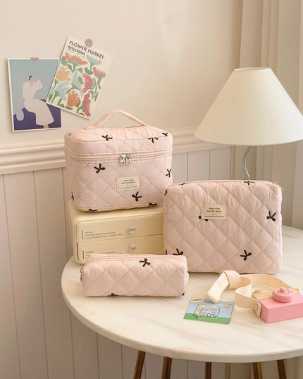 3 Piece Bow Quilted Cloth Storage Bag Set Blush Pink One Size