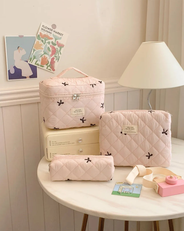 3 Piece Bow Quilted Cloth Storage Bag Set Blush Pink One Size