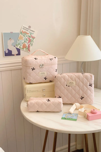 3 Piece Bow Quilted Cloth Storage Bag Set Blush Pink One Size