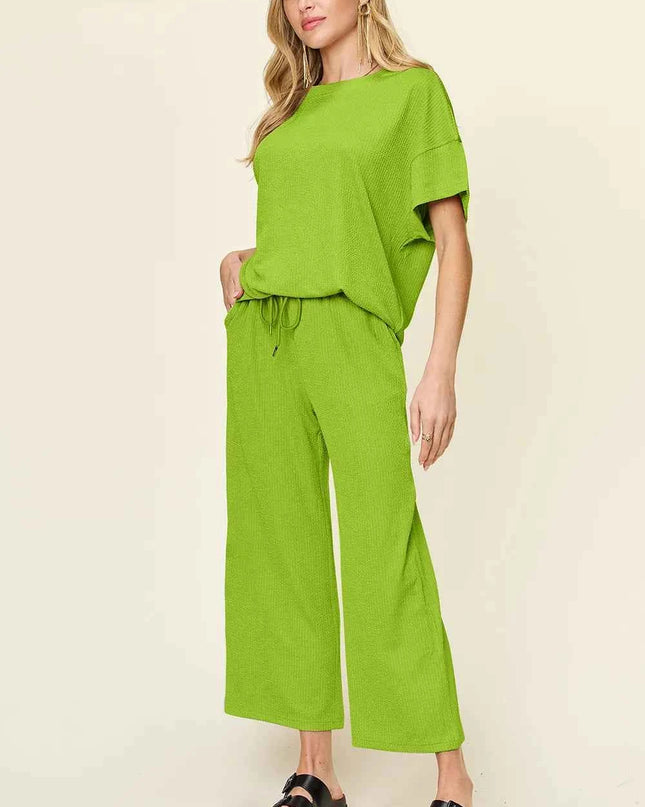 Double Take Full Size Texture Round Neck Short Sleeve T-Shirt and Wide Leg Pants