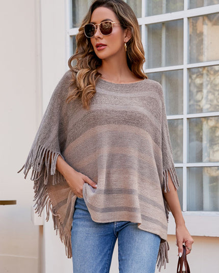 Striped Boat Neck Poncho with Fringes
