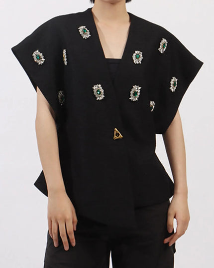 Plus Size Rhinestone Relaxed Fit Vest Coat Black