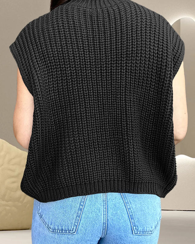 Cable-Knit Mock Neck Cap Sleeve Sweater