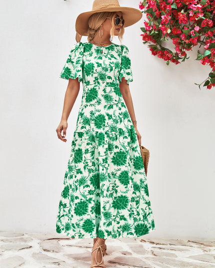 Floral Round Neck Tied Open Back Dress
