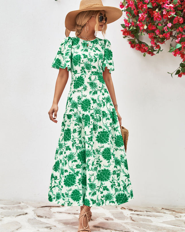 Floral Round Neck Tied Open Back Dress