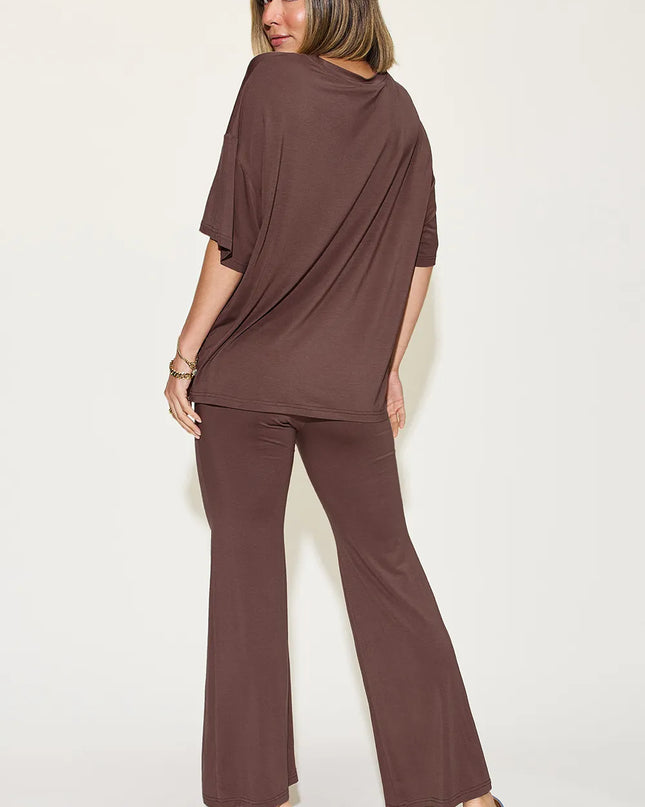 Basic Bae Full Size Bamboo Drop Shoulder T-Shirt and Flare Pants Set