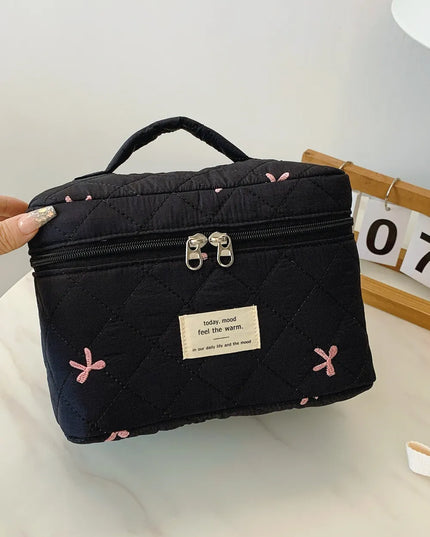Bow Embroidered Quilted Storage Bag with Zip