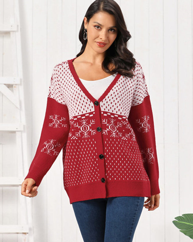 Snowflake Button Down Cardigan Deep Red