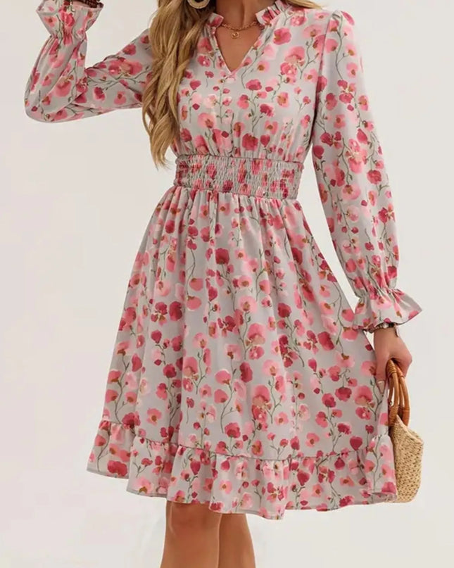 Floral Print Flounce Sleeve Ruffle Hem Dress