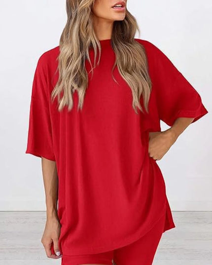 Full Size Oversized Slit Round Neck Top and Shorts Lounge Set Plus Size 