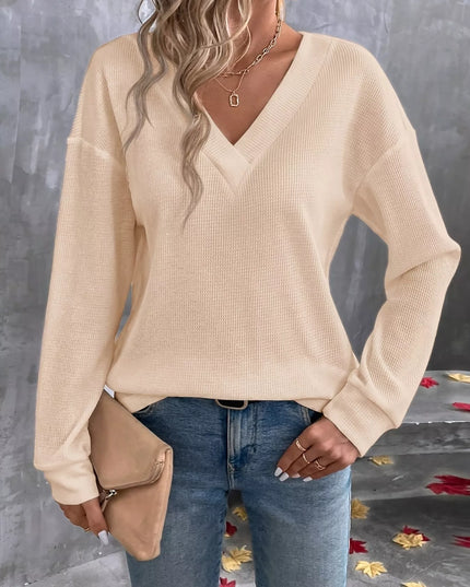 Plus Size V-Neck Long Sleeve Waffle Knit T-Shirt