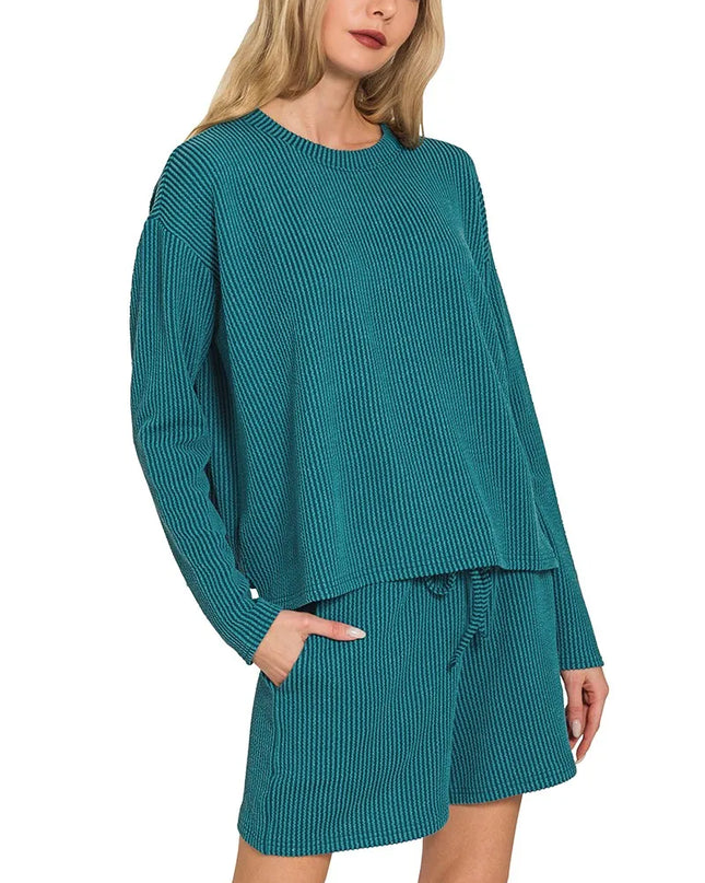 Zenana Corded Rib Long Sleeve Tee and Shorts Set