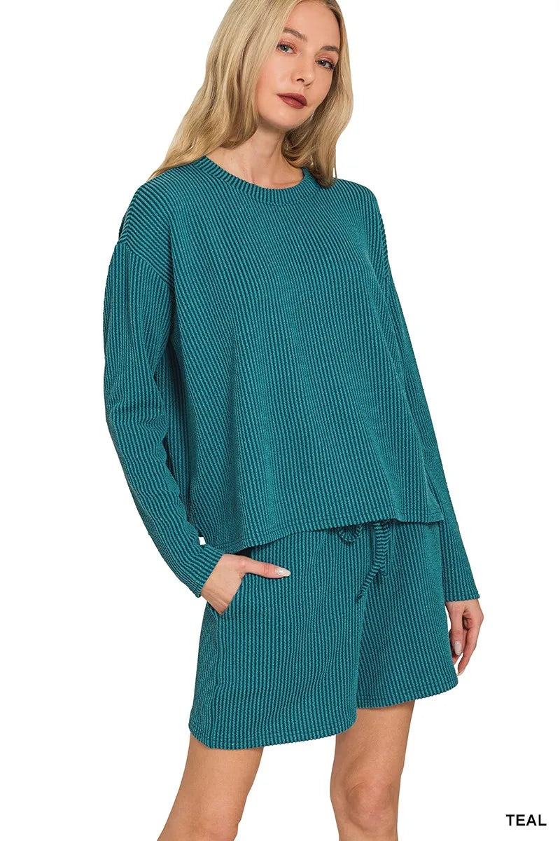 Zenana Corded Rib Long Sleeve Tee and Shorts Set