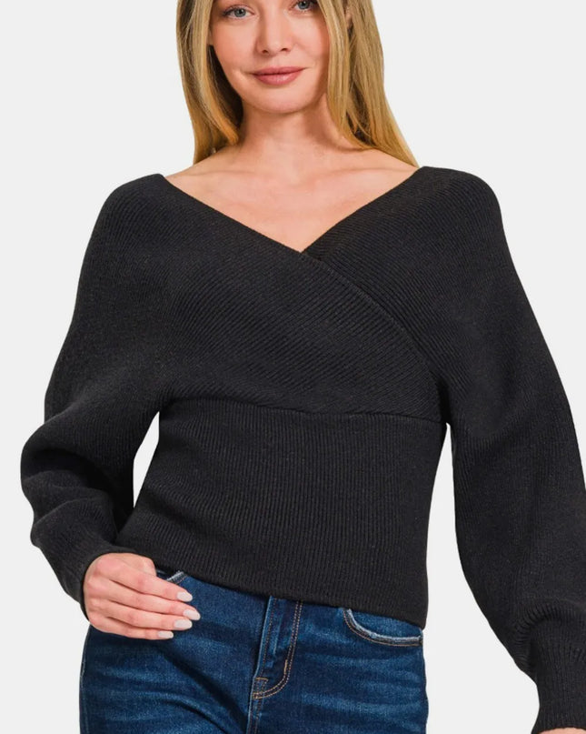 Zenana Cross Wrap Rib Long Sleeve Sweater Black