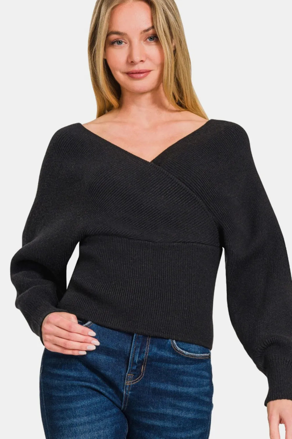 Zenana Cross Wrap Rib Long Sleeve Sweater Black