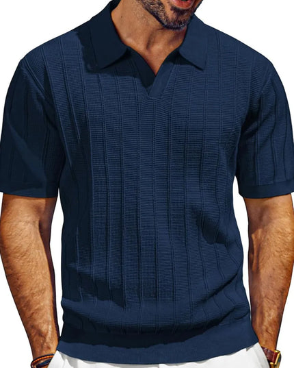 Men's Full Size Textured Collared Neck Short Sleeve Polo Plus Size Navy