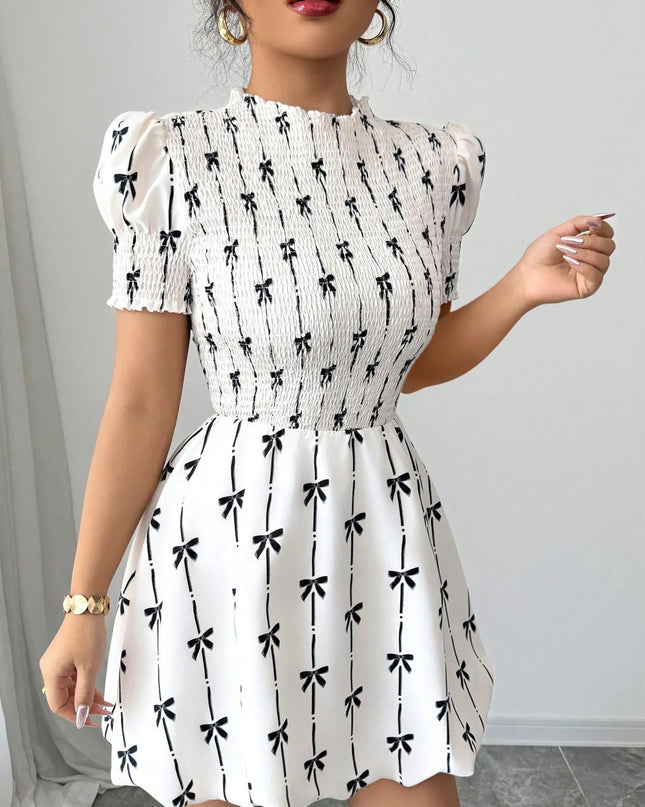 Smocked Bow Print Short Sleeve Dress
