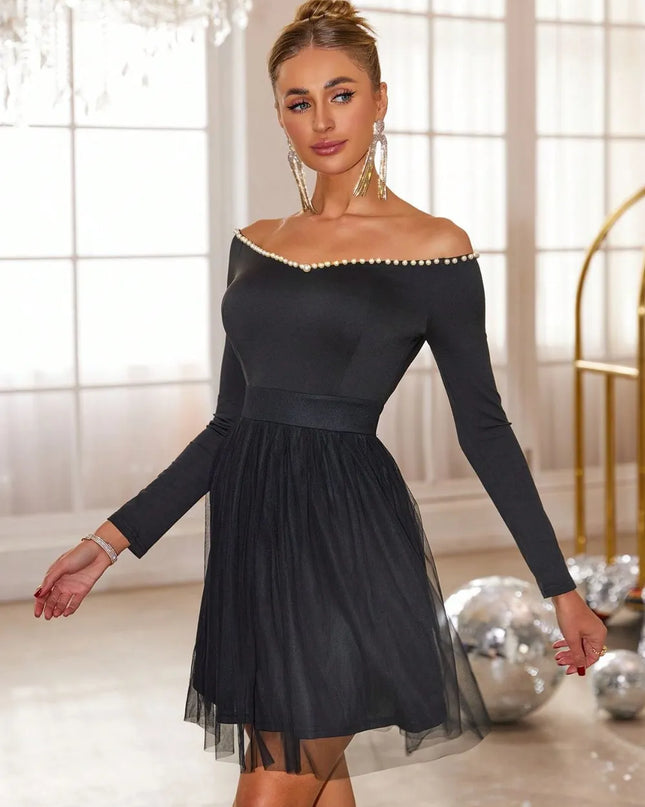 Pearl Trim Mesh Hem Off Shoulder Dress 