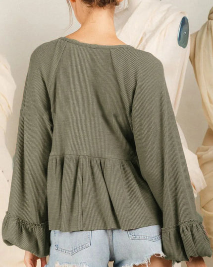 Notched Balloon Sleeve Peplum Blouse