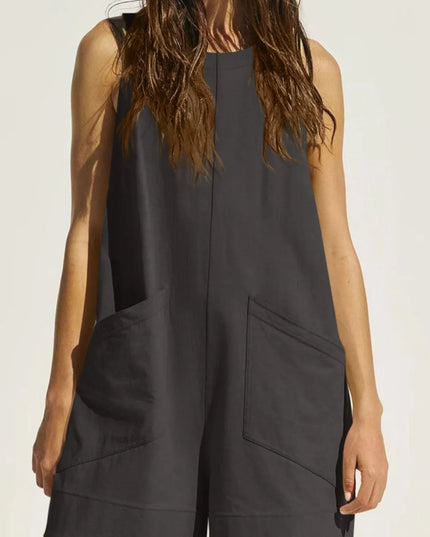 Lovelet Round Neck Sleeveless Romper with Pockets Dark Gray
