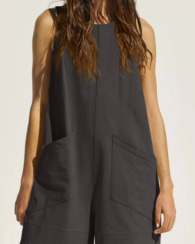 Lovelet Round Neck Sleeveless Romper with Pockets Dark Gray
