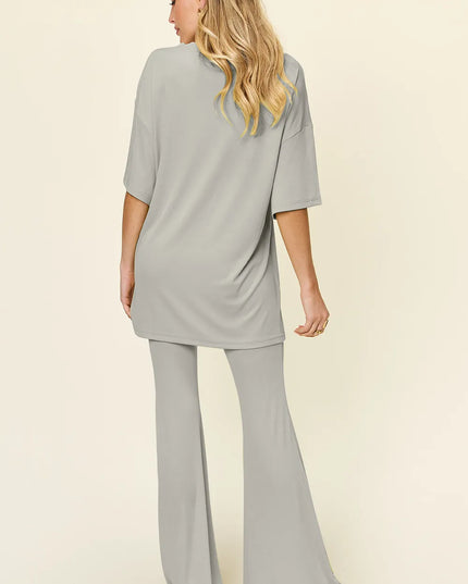 Double Take Full Size Round Neck Drop Shoulder T-Shirt and Flare Pants Set