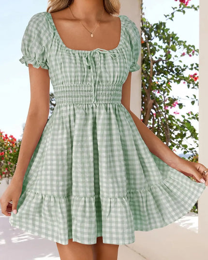 Gingham Smocked Puff Sleeve Summer Dress Green