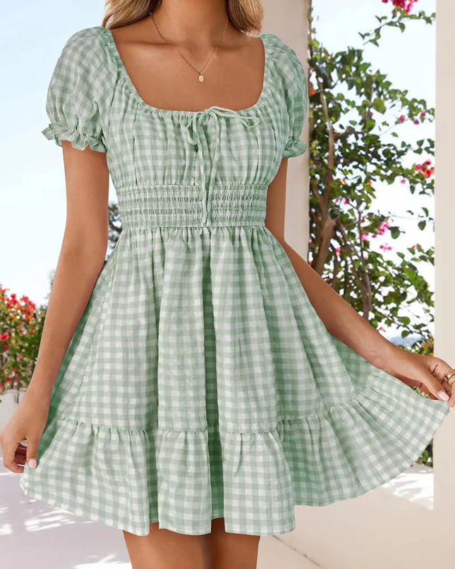 Gingham Smocked Puff Sleeve Summer Dress Green
