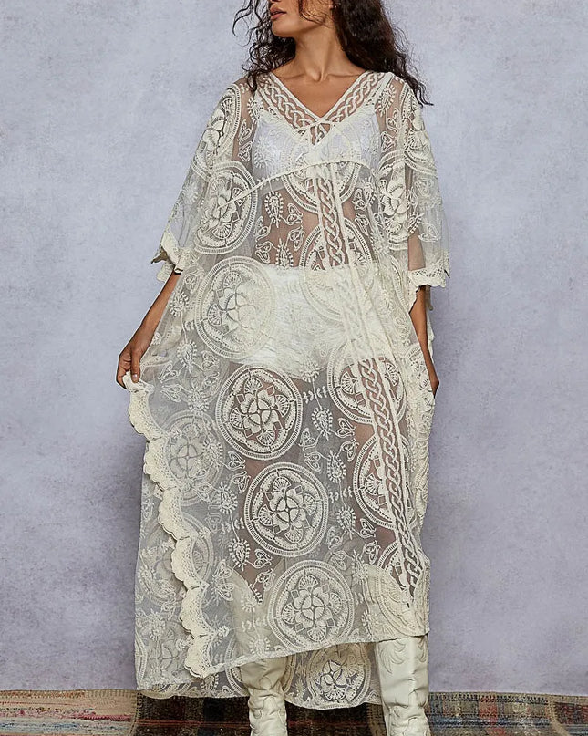 POL Lace Embroidered Beach Cover Up Kaftan Cream One Size
