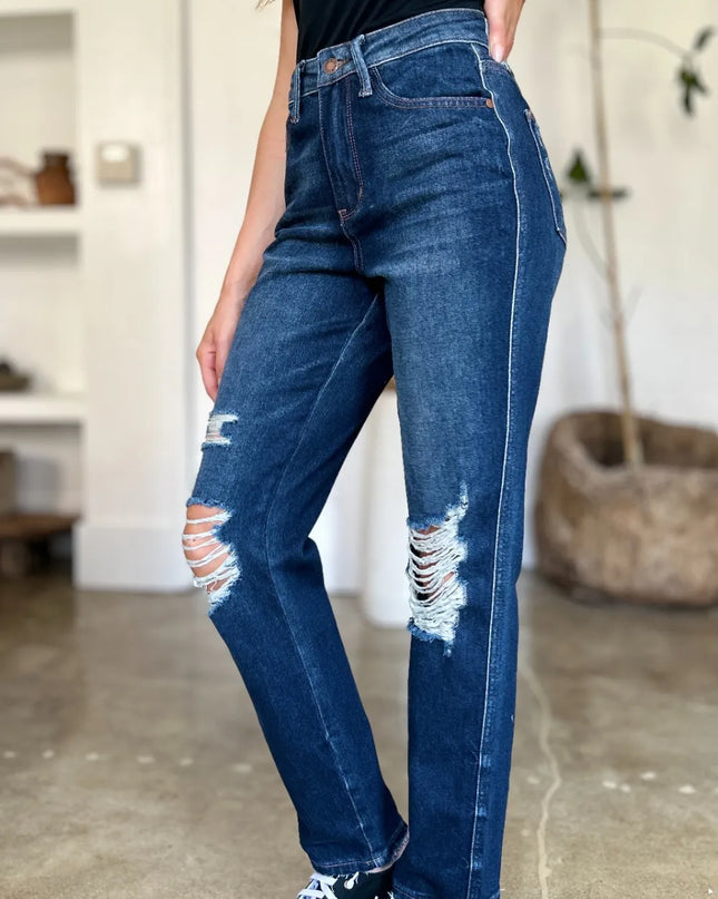 Judy Blue Full Size High Waist Rigid Magic Heavy Destroy Straight Jeans 