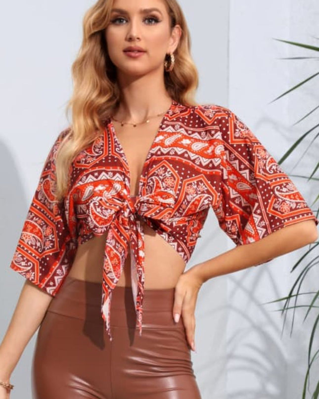 Printed Tie Front Cropped Dolman Sleeve Blouse