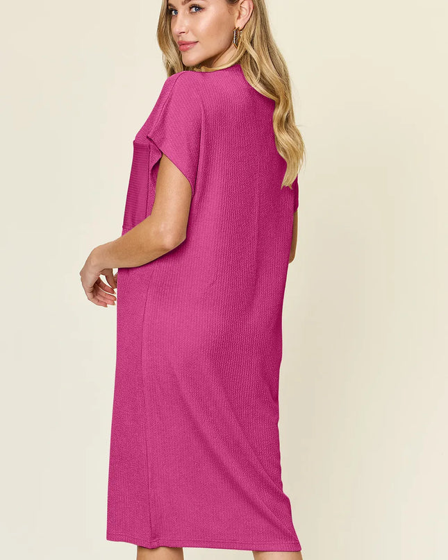 Double Take Full Size Texture Mock Neck Short Sleeve Dress