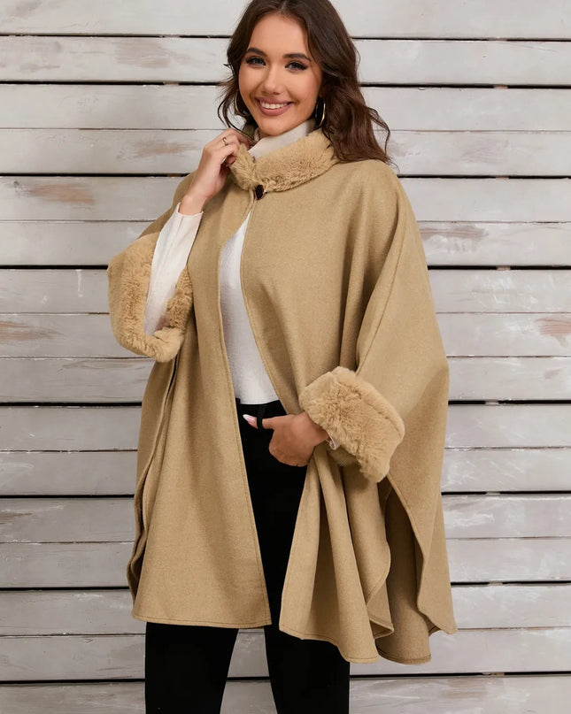 Fuzzy Trim Long Sleeve Poncho