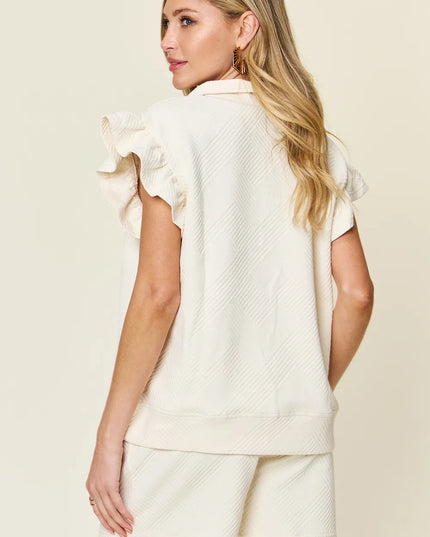 Double Take Full Size Texture Flounce Sleeve Top and Drawstring Shorts Set