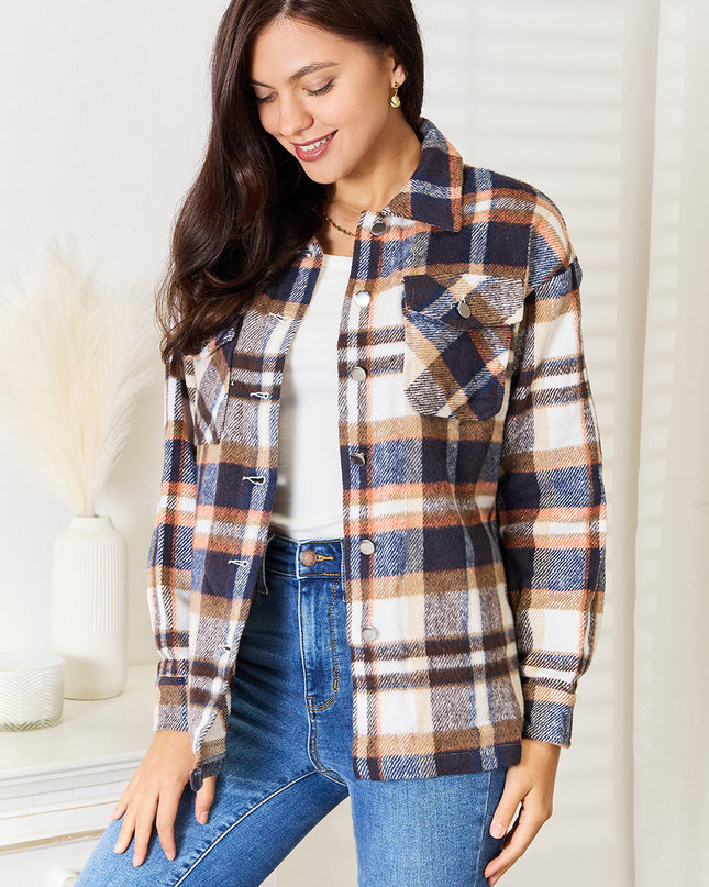 Double Take Plaid Button Front Shirt Jacket with Breast Pockets Dark Blue