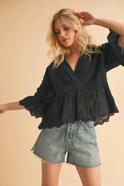 Aemi+Co Flounce Sleeve Eyelet Peplum Top